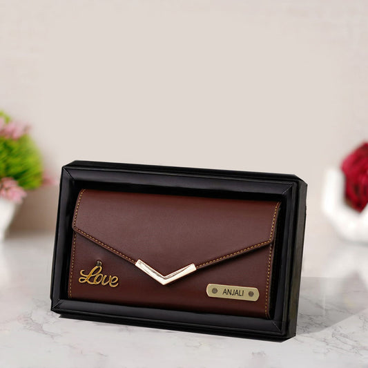 Ladies 3 Fold Clutch Leather Wallet with Name and Charm